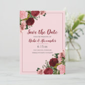 Invitation Burgundy Blush Rose Floral Mariage Date de sauvega (Debout devant)