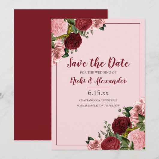 Invitation Burgundy Blush Rose Floral Mariage Date de sauvega (Devant / Derrière)