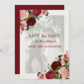 Invitation Burgundy Blush Rose Floral Mariage Date de sauvega (Devant / Derrière)