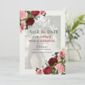 Invitation Burgundy Blush Rose Floral Mariage Date de sauvega (Debout devant)