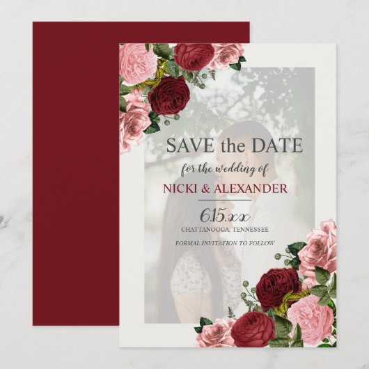 Invitation Burgundy Blush Rose Floral Mariage Date de sauvega (Devant / Derrière)