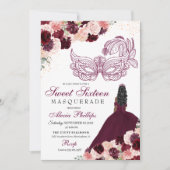 Invitation Burgundy Blush rose Floral Masquerade Sweet 16 Inv (Devant)