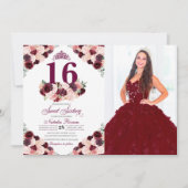 Invitation Burgundy Blush rose Floral Sweet 16 Anniversaire P (Devant)