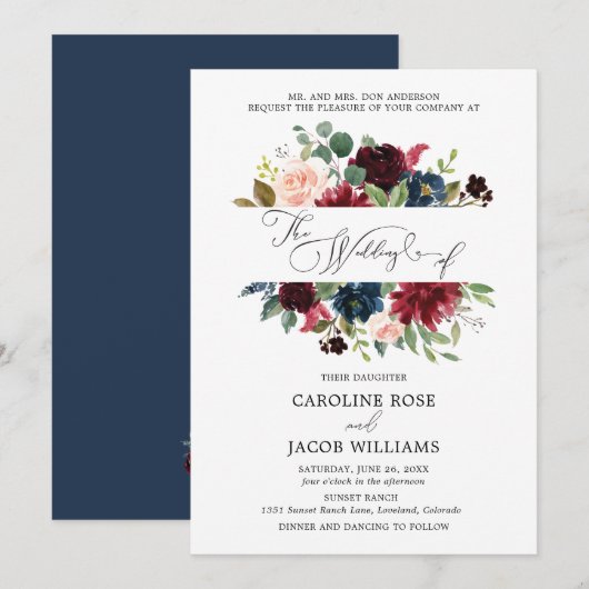 Invitation Burgundy Blush Rose Navy Blue Floral Mariage (Devant / Derrière)