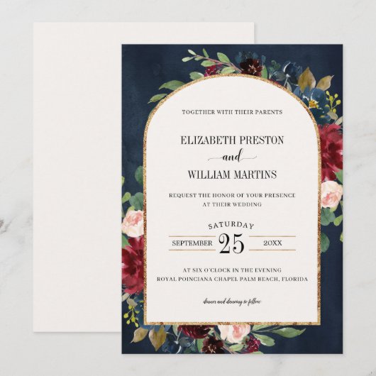 Invitation Burgundy Blush Rose Navy Floral Arch Frame Mariage (Devant / Derrière)