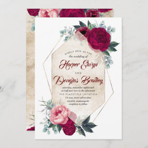 Invitation Burgundy Blush Rose or Floral Mariage géométrique