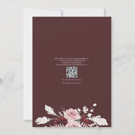 Invitation Burgundy Blush Rose Roses Floral QR Code Mariage (Dos)