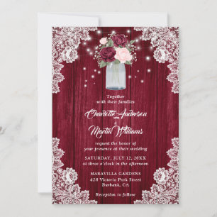 Invitation Burgundy Blush Roses Mason Jar Rustic Mariage