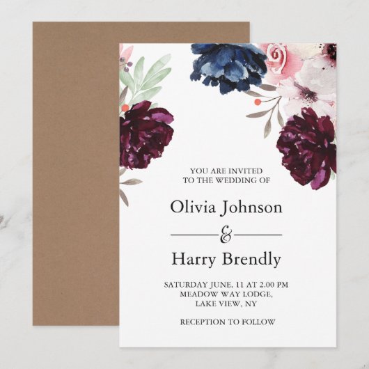 Invitation Burgundy Blush Russe Kraft Floral Mariage (Devant / Derrière)