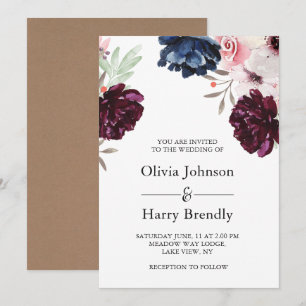 Invitation Burgundy Blush Russe Kraft Floral Mariage