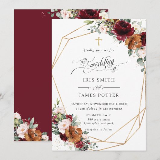 Invitation Burgundy Blush Rust Orange Floral Church Wedding (Devant / Derrière)