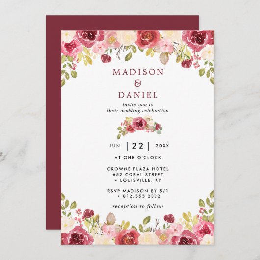 Invitation Burgundy Blush Rustic Floral Mariage (Devant / Derrière)