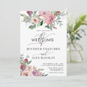 Invitation Burgundy Blush Script Floral QR Code Mariage (Debout devant)