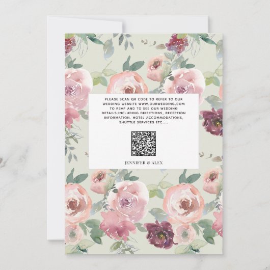Invitation Burgundy Blush Script Floral QR Code Mariage (Dos)