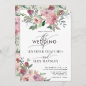 Invitation Burgundy Blush Script Floral QR Code Mariage (Devant / Derrière)