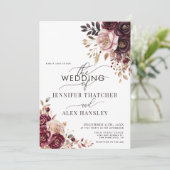 Invitation Burgundy Blush Script Floral QR Code Wedding (Debout devant)