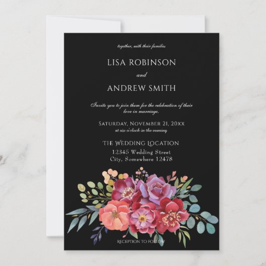 Invitation Burgundy Blush Tropical Floral Mariage - Noir V2 (Devant)