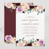 Invitation burgundy blush & violet automne mariage floral (Devant / Derrière)