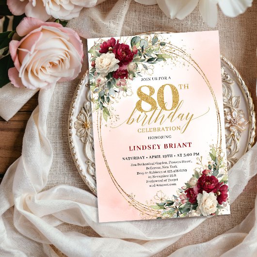 Invitation Burgundy Bohemian Chic 80th Birthday Celebration 