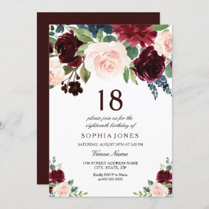 Invitation Burgundy Boho Aquarelle Blush 18e fête d'anniversa
