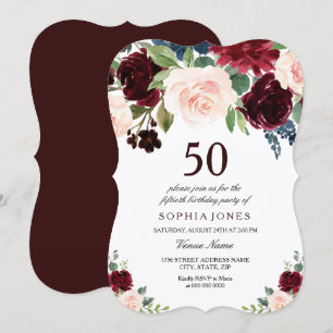 Invitation Burgundy Boho Aquarelle Blush 50e fête d'anniversa