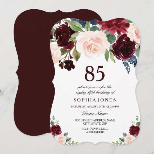 Invitation Burgundy Boho Aquarelle Blush 85e fête d'anniversa (Devant / Derrière)