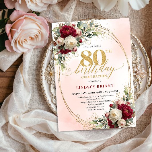Invitation Burgundy Boho Chic Floral 80th Birthday Party 