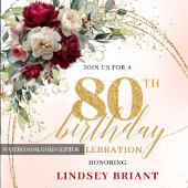 Invitation Burgundy Boho Chic Floral 80th Birthday Party 