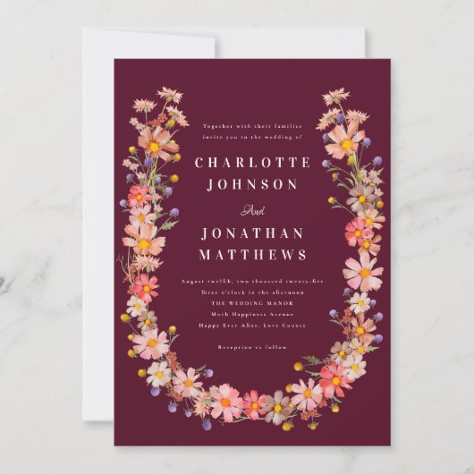 Invitation Burgundy Boho Fall Floral QR Code Mariage (Devant)