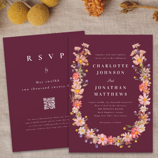 Invitation Burgundy Boho Fall Floral QR Code Mariage