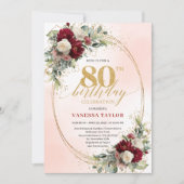 Invitation Burgundy Boho Floral Gold Frame 80th Birthday (Devant)
