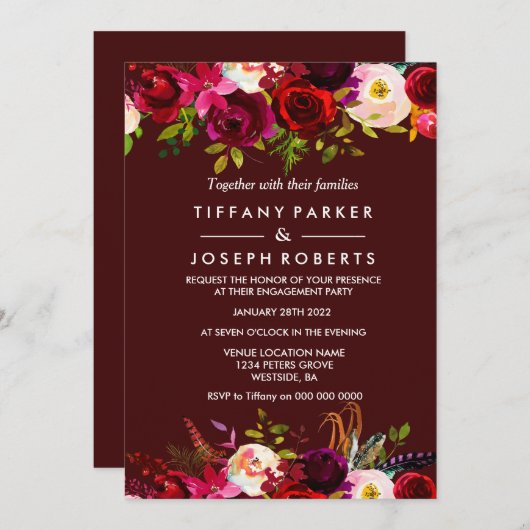 Invitation Burgundy Boho Floral Spring Engagement Party (Devant / Derrière)