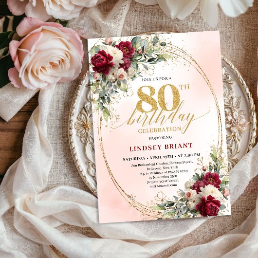 Invitation Burgundy Boho Garden Floral 80th Birthday Invite
