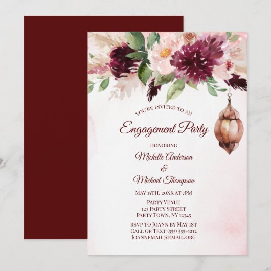 Invitation Burgundy Boho Watercolor Floral Engagement Party (Devant / Derrière)