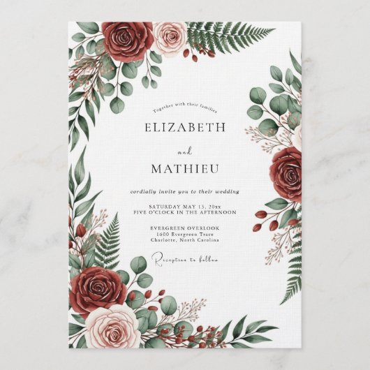 Invitation Burgundy Botanical Romantic Wedding (Devant)