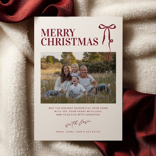 Invitation Burgundy Bow Christmas Card with Photo