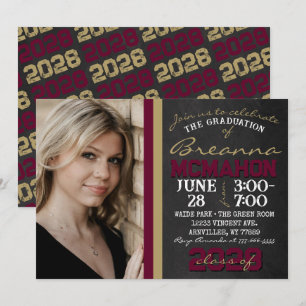 Invitation Burgundy & Bronze Gold Chalkboard Graduation Photo
