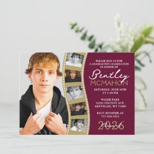 Invitation Burgundy Bronze Photo Filmstrip Graduation Collage