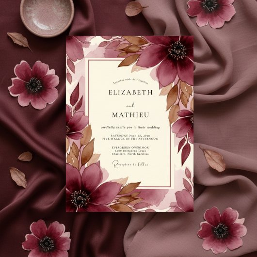 Invitation Burgundy Brushstroke Bloom Wedding