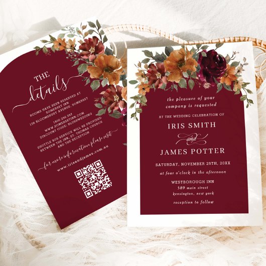 Invitation Burgundy Burnt Orange Floral Détails du Mariage QR