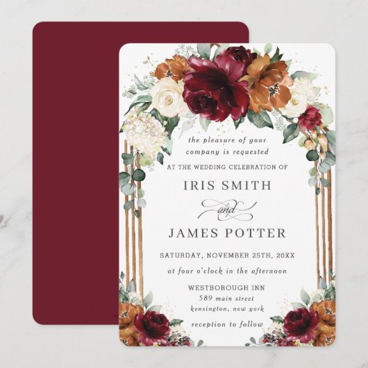Invitation Burgundy Burnt Orange Ivory Floral Arch Wedding (Devant / Derrière)