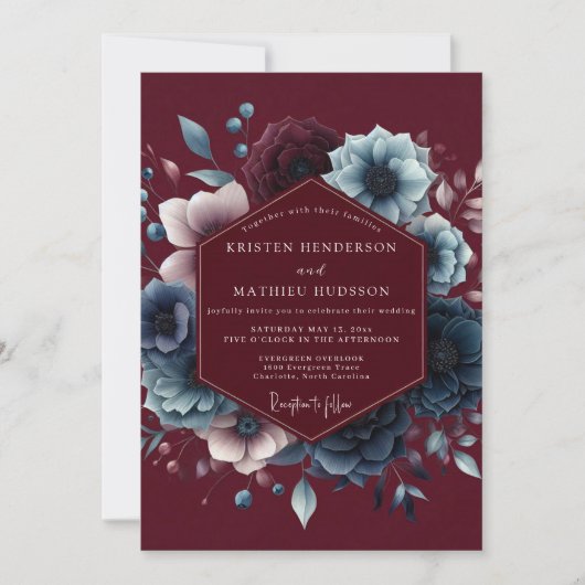 Invitation Burgundy Celestial Bloom Wedding (Devant)
