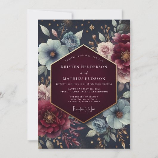 Invitation Burgundy Celestial Bloom Wedding (Devant)