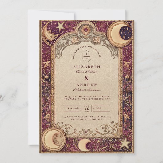 Invitation Burgundy Celestial Moon Wedding (Devant)