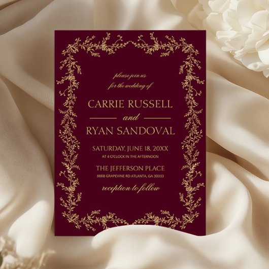 Invitation Burgundy Champagne Hand Drawn Floral Frame Wedding