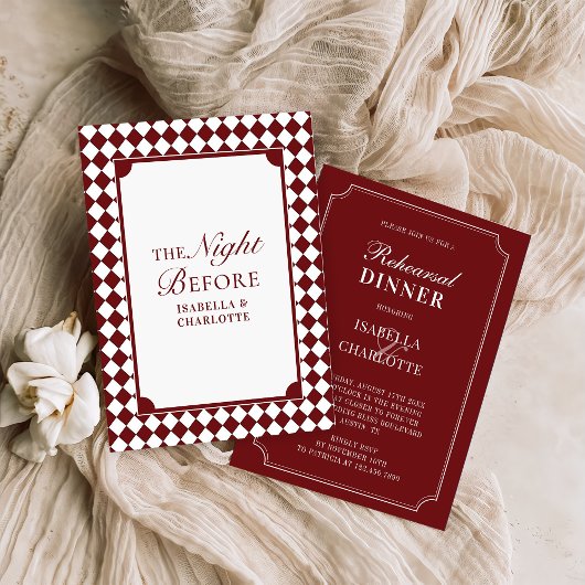 Invitation Burgundy Checkered Old Money Rehearsal Dinner