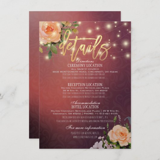 Invitation Burgundy Chic Floral String Lights Mariage Détail (Devant / Derrière)