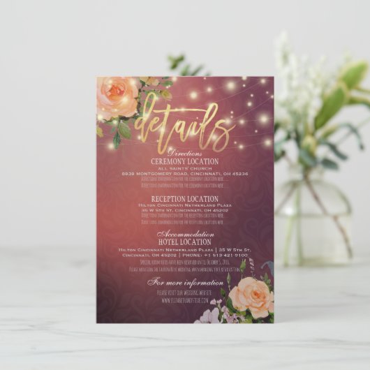 Invitation Burgundy Chic Floral String Lights Mariage Détail (Debout devant)