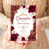 Invitation Burgundy Cream Gold Floral Chic Quinceanera