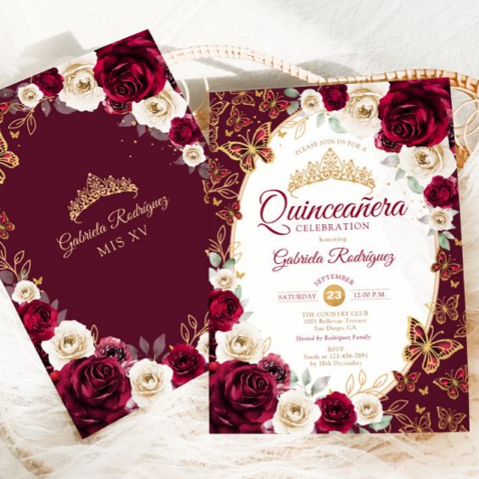 Invitation Burgundy Cream Gold Floral Chic Quinceanera